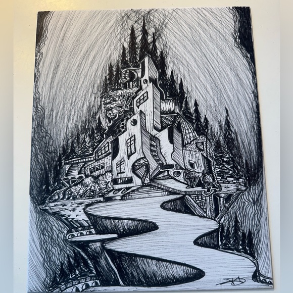 Sci Fi Futuristic Forest Fire Architecture Black & White Pen & Ink Original Art - Picture 1 of 1